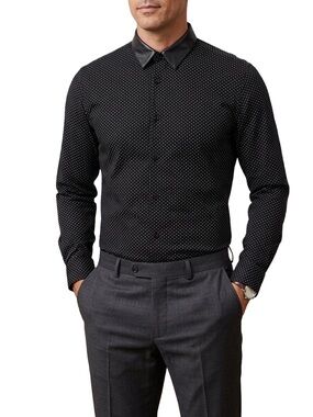 The Kooples Black Shirt with White Microdot Print Leather Collar Small